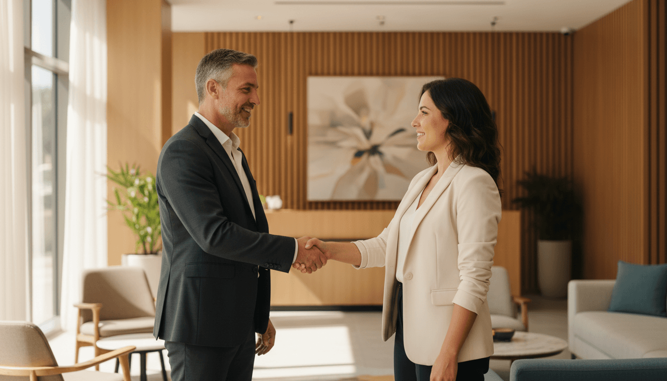 Handshake between hotel manager and distribution partner in lobby