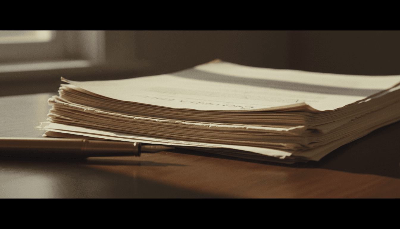 Stack of signed contracts on a dark wood desk with fountain pen