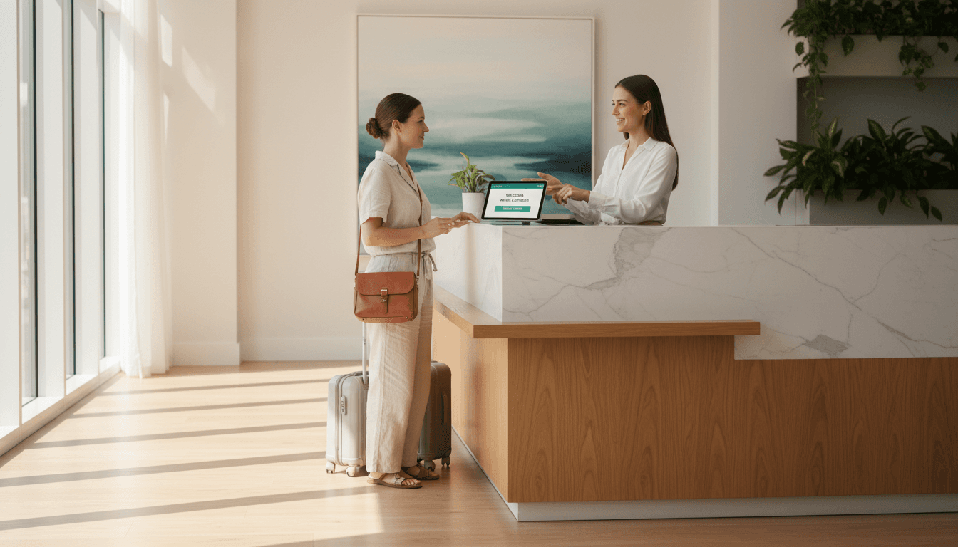Guest checking in at hotel reception with booking confirmation on tablet