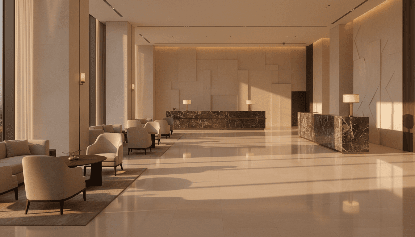 Hotel lobby at golden hour with warm light and empty armchairs