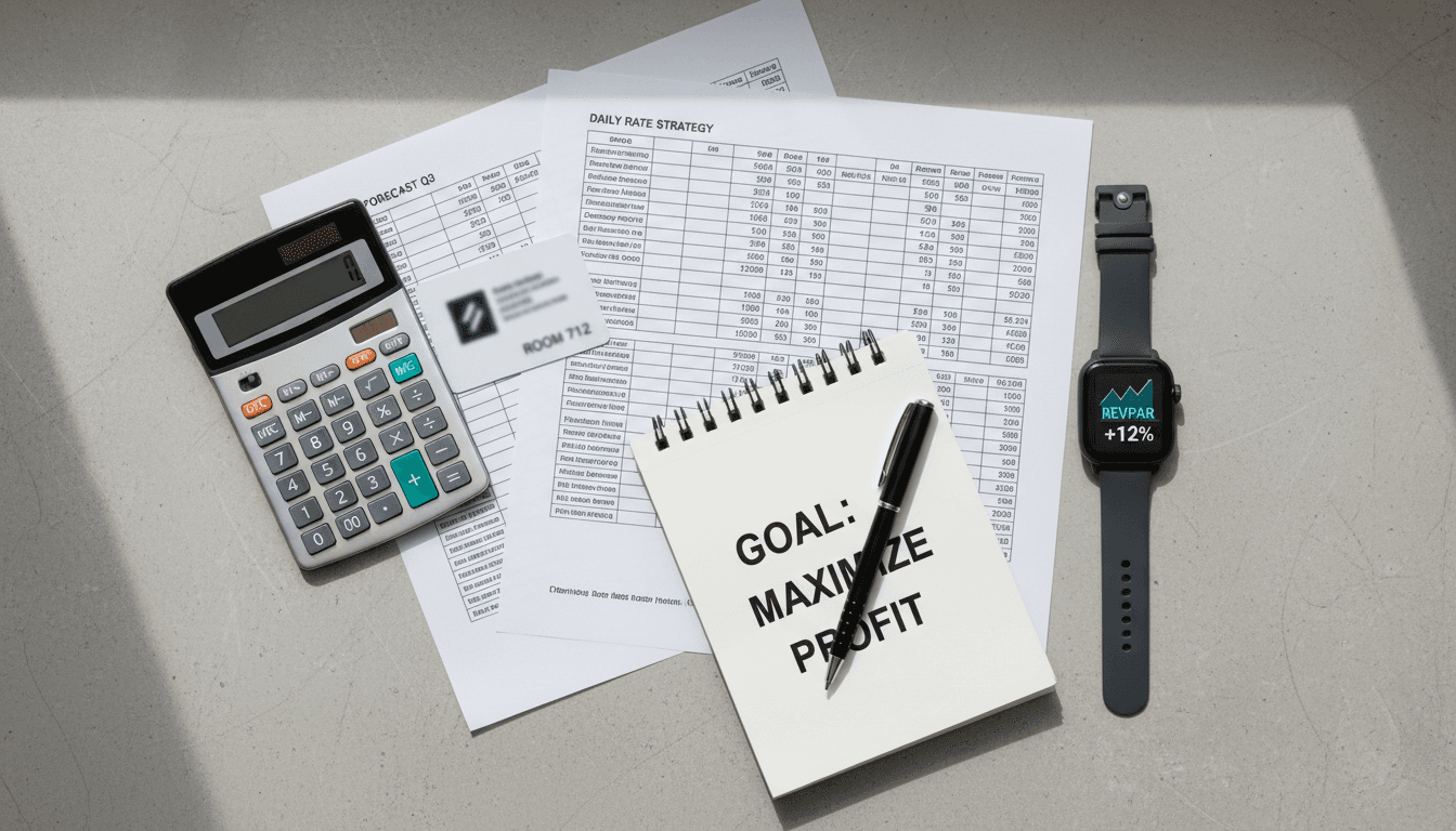 Revenue management desk with rate sheets and calculator